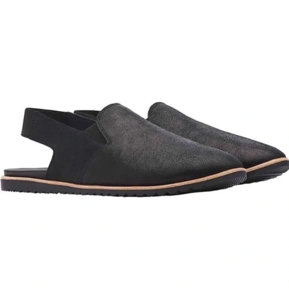 SOREL- Ella Slingback Mule Flats Shoes Shimmer Black Leather Size 8 - Picture 4 of 8